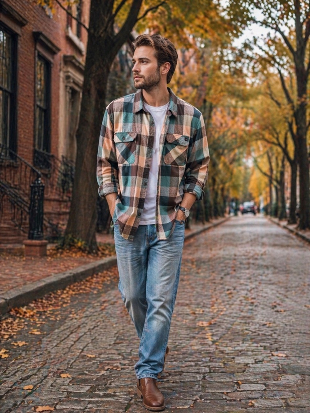 Men's Plaid Flannel Shirt Jacket in Teal, Brown & Cream